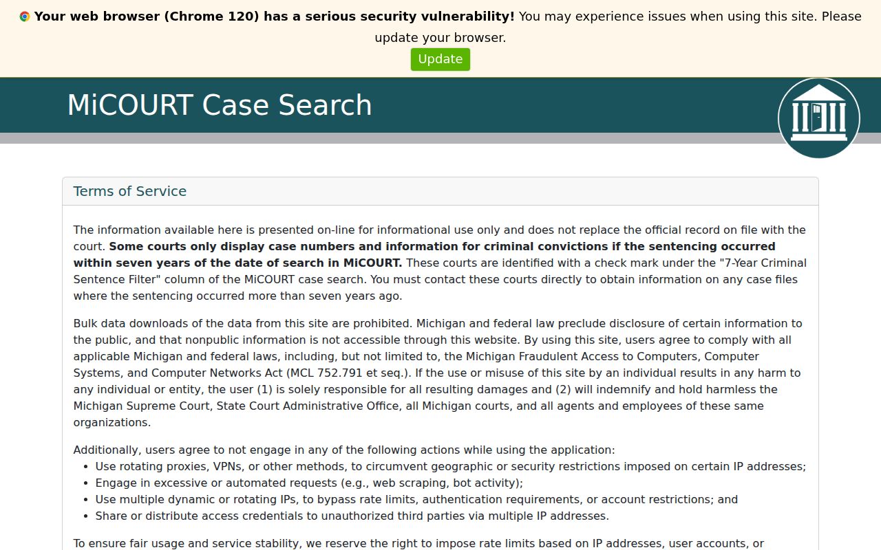 Gladwin County warrant records lookup screen for MiCOURT public case search