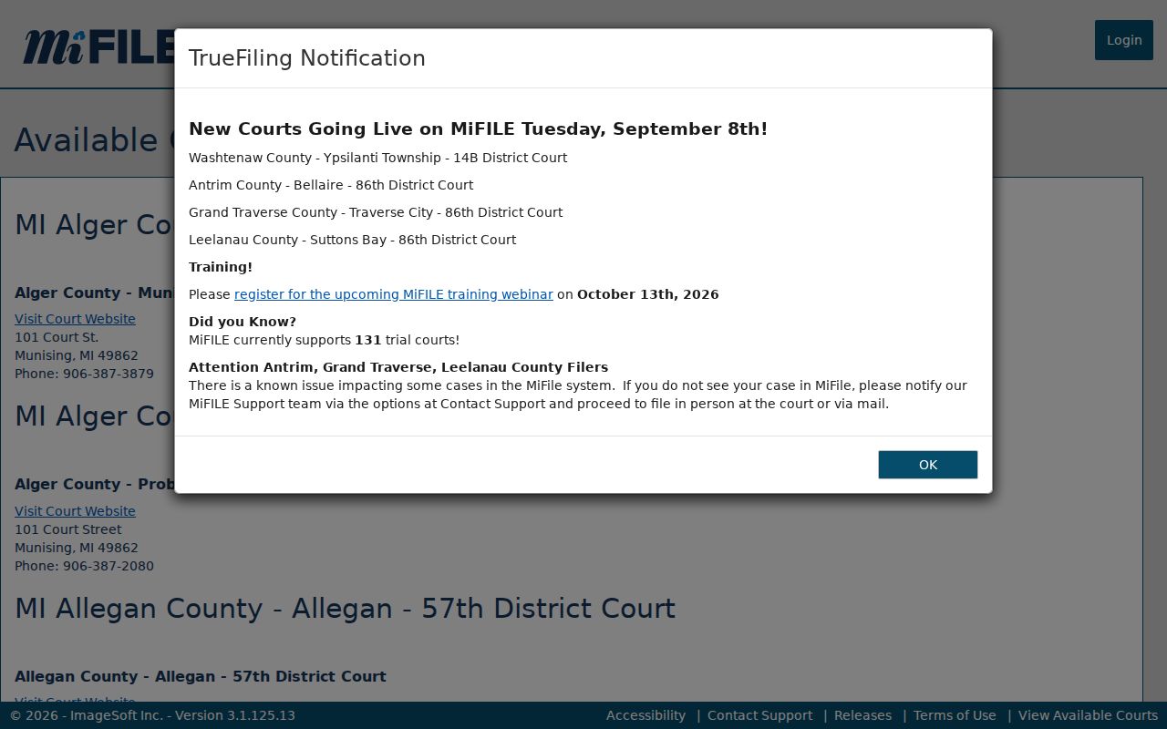 Gladwin County warrant records court listing in the Michigan e-filing available courts page