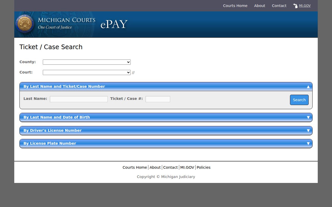 Gladwin County traffic warrant records search on the Michigan eTix ticket lookup page
