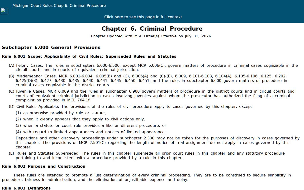 Gladwin County warrant records rules from the Michigan Court Rules criminal procedure chapter