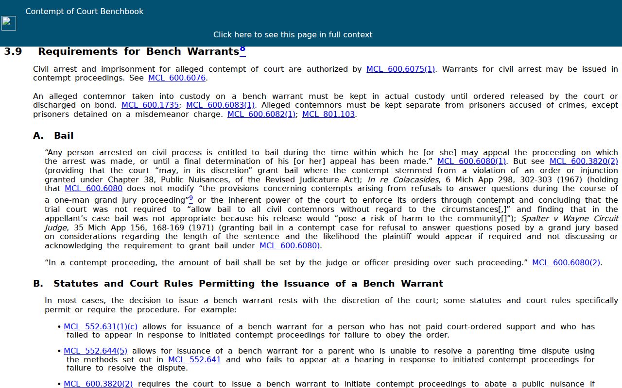 Gladwin County bench warrant rules shown on the Michigan civil contempt benchbook page