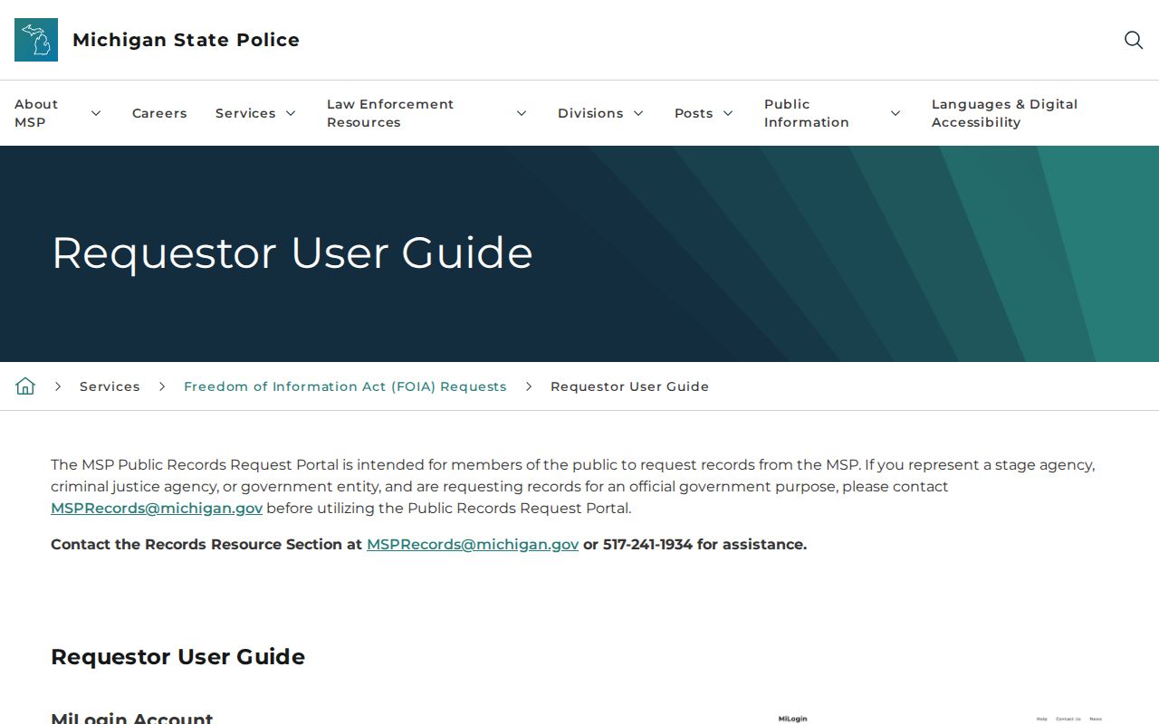 Gladwin County warrant records request instructions from the Michigan State Police FOIA requester guide