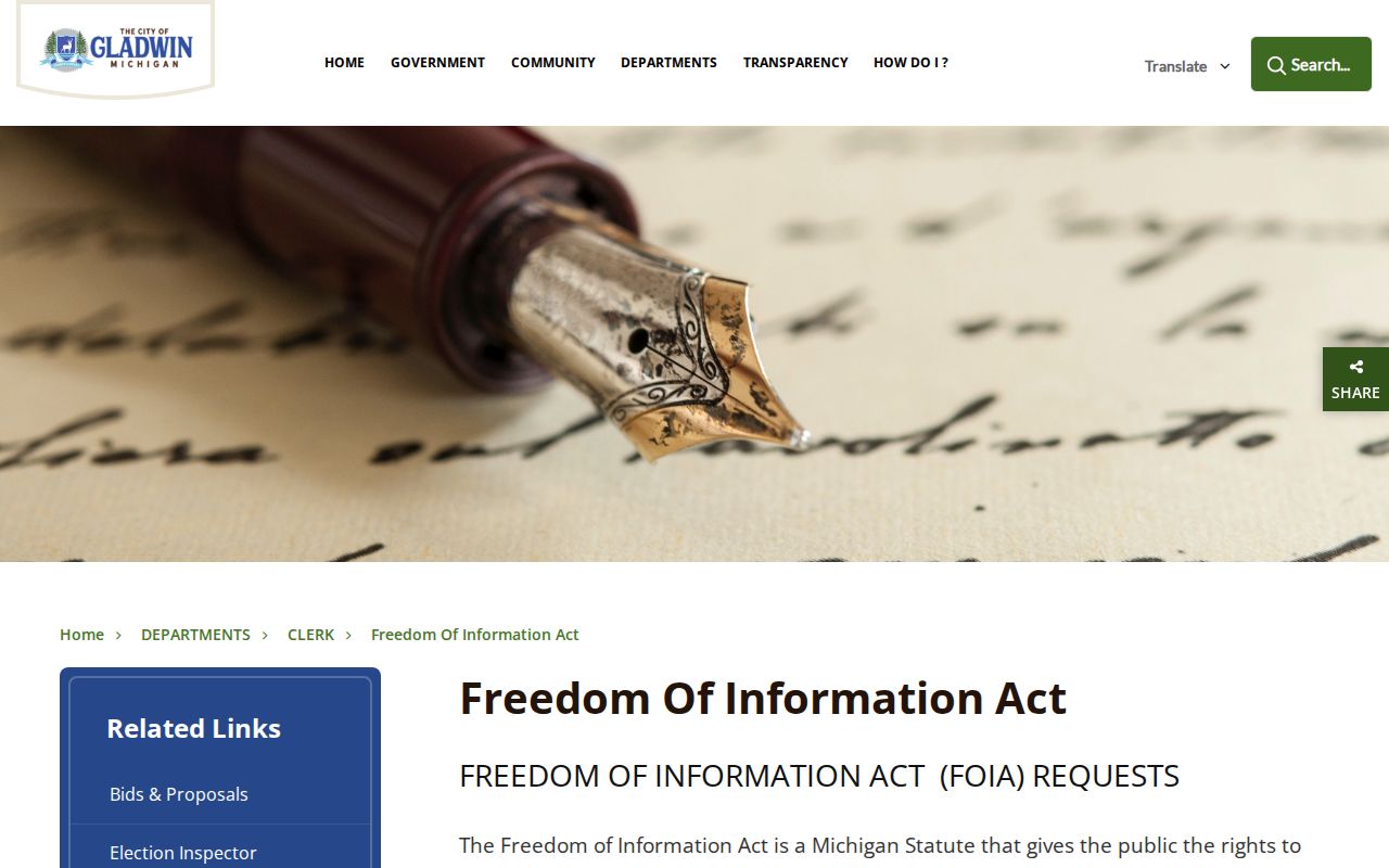 Gladwin warrant records request route on the City of Gladwin FOIA page