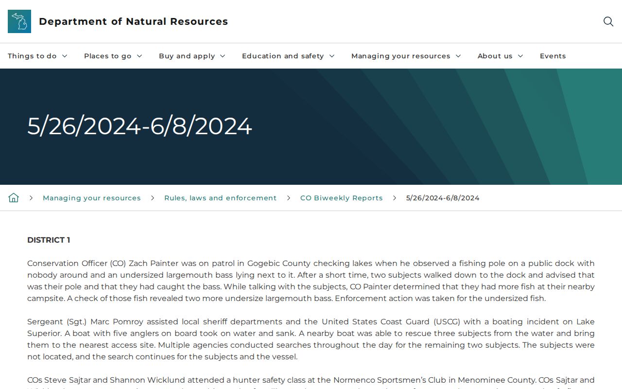 Gladwin County warrant activity described in a dated Michigan conservation officer report